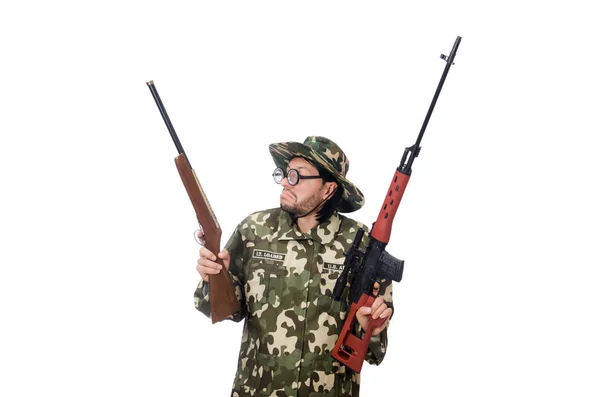 Soldado com armas isoladas em branco — Fotografia de Stock