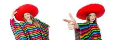 Güzel kız beyaz izole Meksika panço