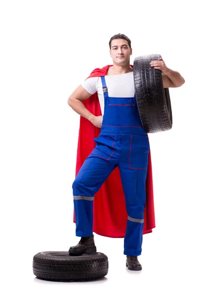 Superhero man with tyre isolated white background — Stock Photo, Image