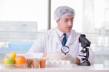 Besin uzmanı gıda ürünlerini laboratuarda test ediyor.