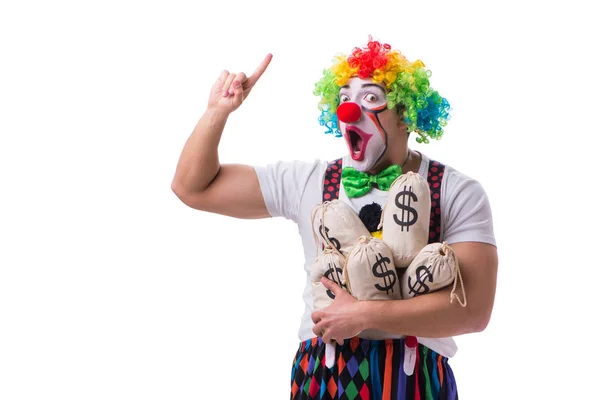 有趣的小丑与金钱袋隔离白色背景 — 图库照片