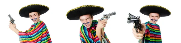 Komik genç Meksikalı silah ile üzerine beyaz izole. — Stok fotoğraf