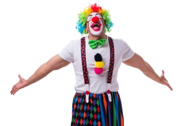 Beyaz arka planda aptalca davranan komik palyaço.