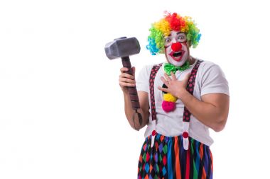 Beyaz arka planda çekici olan komik bir palyaço.