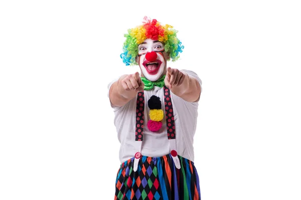Zabawny klaun zachowuje się głupio na białym tle. — Zdjęcie stockowe