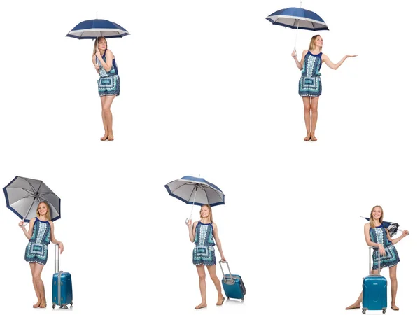 Collage de mujer con paraguas y maleta — Foto de Stock