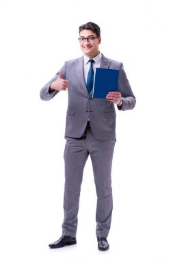 Beyaz arka planda izole edilmiş bir kitap okuyan işadamı öğrencisi