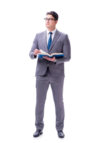Estudiante de negocios leyendo un libro aislado sobre fondo blanco — Foto de Stock