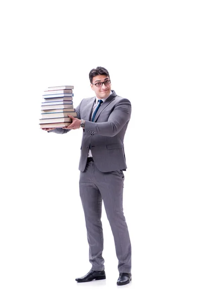 Estudante empresário carregando pilha segurando de livros isolados em w — Fotografia de Stock