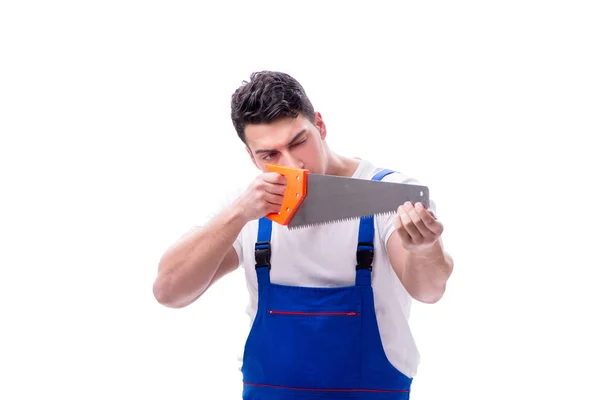 Man repairman with hand saw on white background isolated — Stock Photo, Image