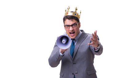 Beyaz arka plan üzerinde izole bir megafon ile Kral işadamı