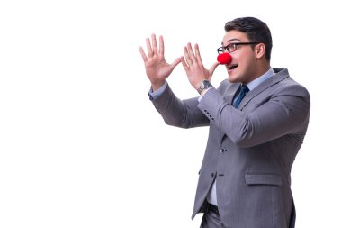 Beyaz arka planda izole komik palyaço işadamı