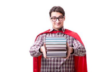 Kitapları beyaza ayrılmış süper kahraman öğrenci.