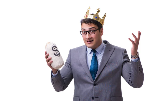 Biznesmen Króla dzierżawa worek pieniędzy na białym tle — Zdjęcie stockowe