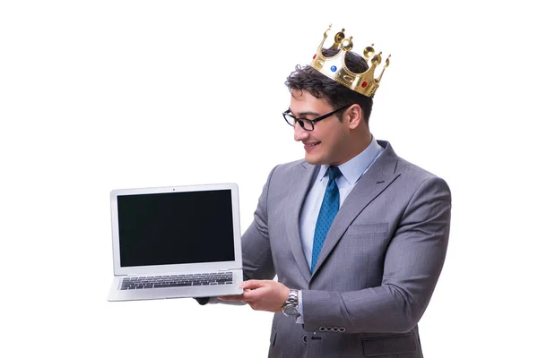 King businessman holding a laptop isolated on white background — Stock Photo, Image