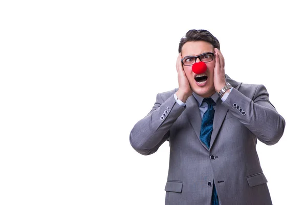 Buffo clown uomo d'affari isolato su sfondo bianco — Foto Stock