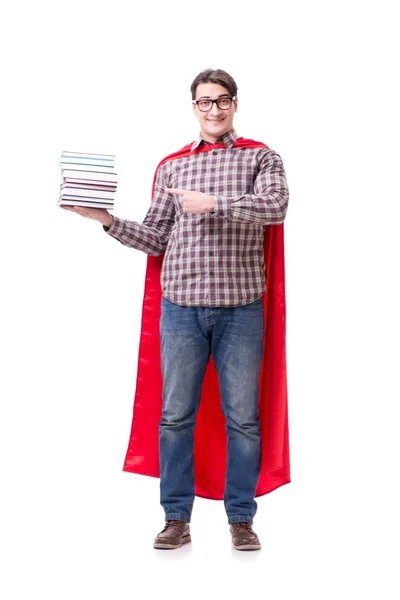 Estudante super herói com livros isolados em branco — Fotografia de Stock