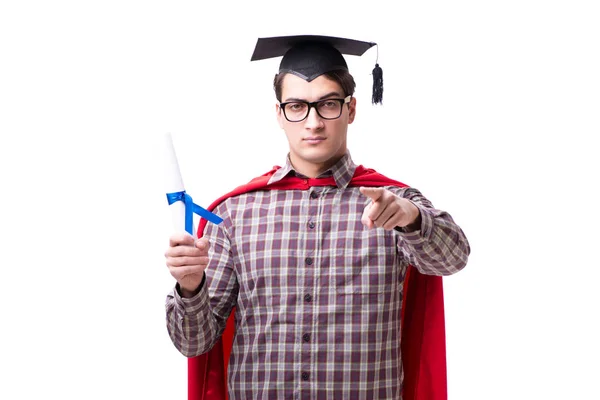 Estudante super-herói graduando-se usando tampa placa argamassa isolada — Fotografia de Stock