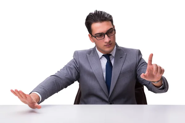 Joven hombre de negocios presionando botones virtuales aislados en blanco bac —  Fotos de Stock