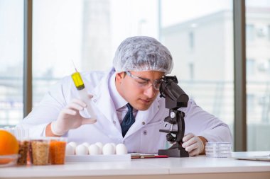 Besin uzmanı gıda ürünlerini laboratuarda test ediyor.