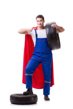 Lastik izole edilmiş beyaz arka planı olan süper kahraman.