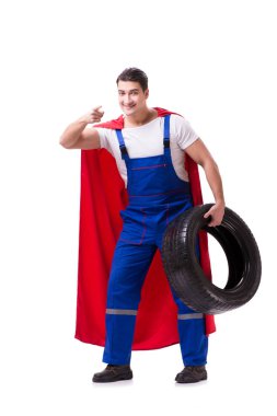 Lastik izole edilmiş beyaz arka planı olan süper kahraman.