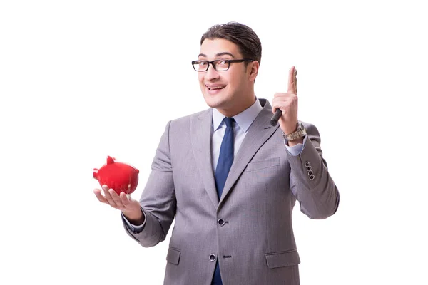 Zakenman breken piggybank geïsoleerde witte achtergrond — Stockfoto