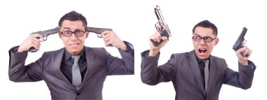 Beyaz silahlı komik iş adamı.