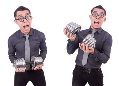 beyaz izole dumbbells ile komik iş adamı