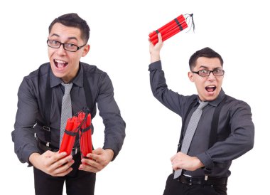 Dinamiti olan bir iş adamı beyazda izole edilmiş.