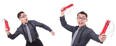 Dinamiti olan bir iş adamı beyazda izole edilmiş.