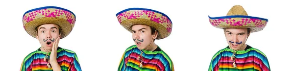Divertido joven mexicano con bigote falso aislado en blanco — Foto de Stock