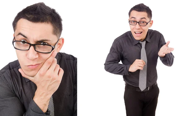 Hombre joven en traje gris aislado en blanco —  Fotos de Stock