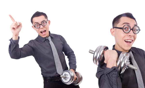 Hombre de negocios divertido con mancuernas aisladas en blanco — Foto de Stock