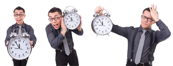 Divertido hombre de negocios con reloj aislado en blanco — Foto de Stock