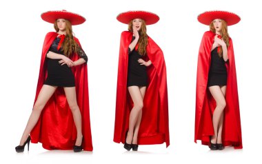 Kırmızı elbiseli Meksikalı kadın beyaz üzerine