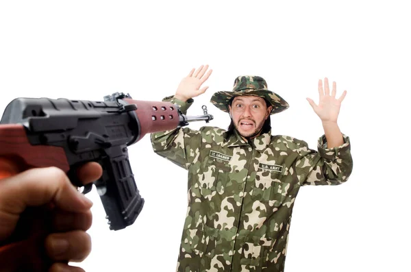 Soldato con armi isolate su bianco — Foto Stock