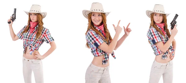 Zrzka cowgirl s pistolí izolovaných na bílém — Stock fotografie