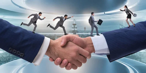 Samarbetskoncept med personer som springer på handslag — Stockfoto