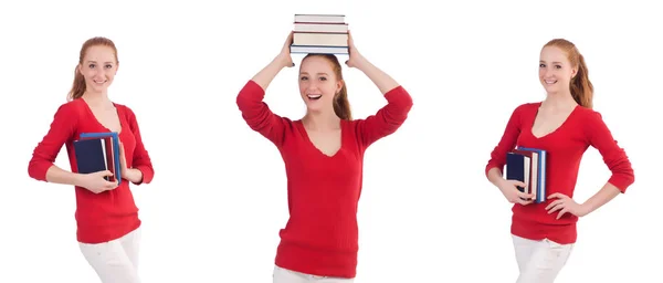 Joven estudiante con libros sobre blanco — Foto de Stock