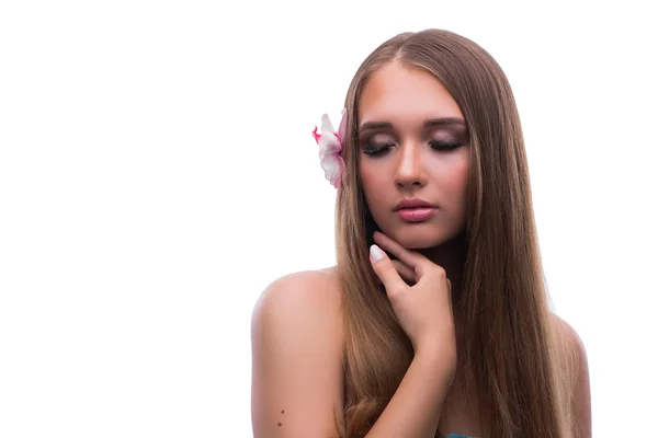 Piękna młoda modelka z makijażem pozowanie izolowane na whi — Zdjęcie stockowe