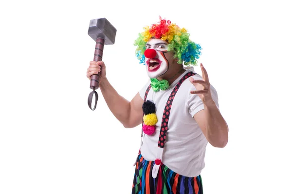 Rolig clown med en hammare isolerad på vit bakgrund — Stockfoto