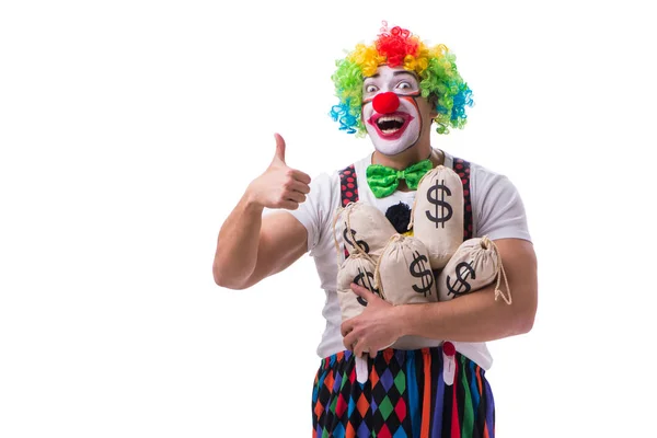 Buffo clown con soldi sacchi borse isolato su sfondo bianco — Foto Stock