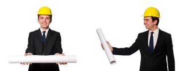 Beyaz üzerine çizimler yapan komik bir mimar.