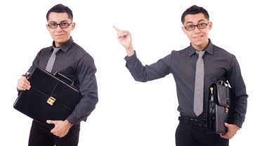 Genç adam beyaz izole evrak çantası elinde