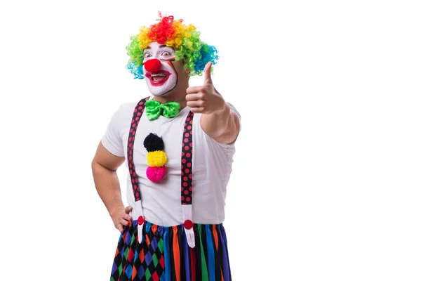 Смешной клоун ведет себя глупо на белом фоне — стоковое фото