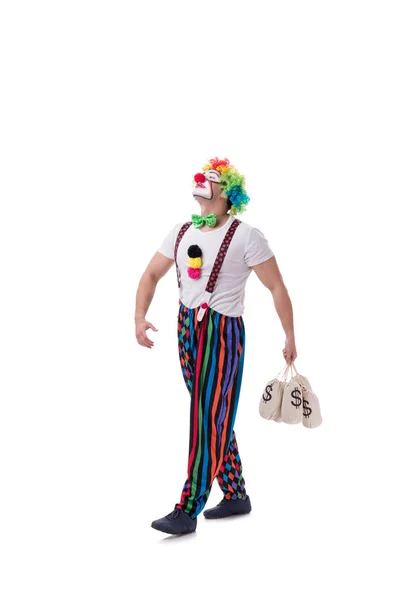 Grappige clown met Geldzak zakken geïsoleerd op witte achtergrond — Stockfoto