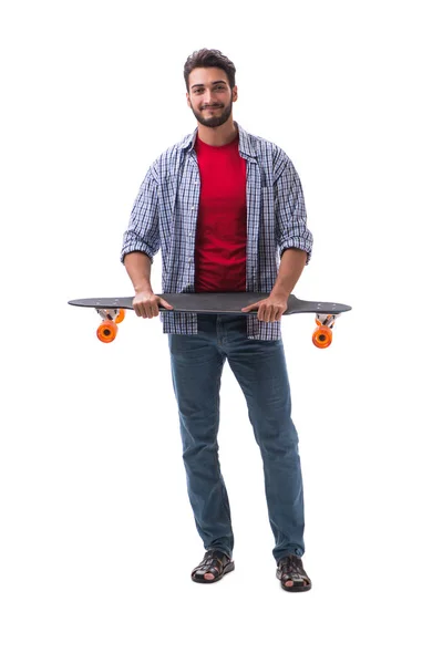 Jovem skatista com um skate longboard isolado em branco — Fotografia de Stock