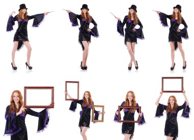 Güzel kız mor karnaval giyim ve üzerinde beyaz izole şapka