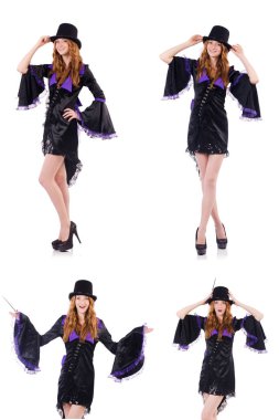 Güzel kız mor karnaval giyim ve üzerinde beyaz izole şapka